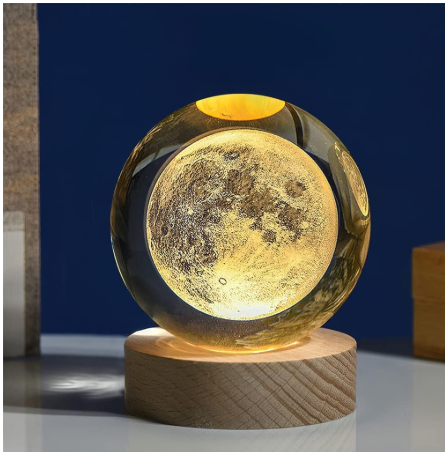 3D Moon Crystal Ball Lamp with Wooden Base – Touch Control LED Night Light for Home & Office Decor